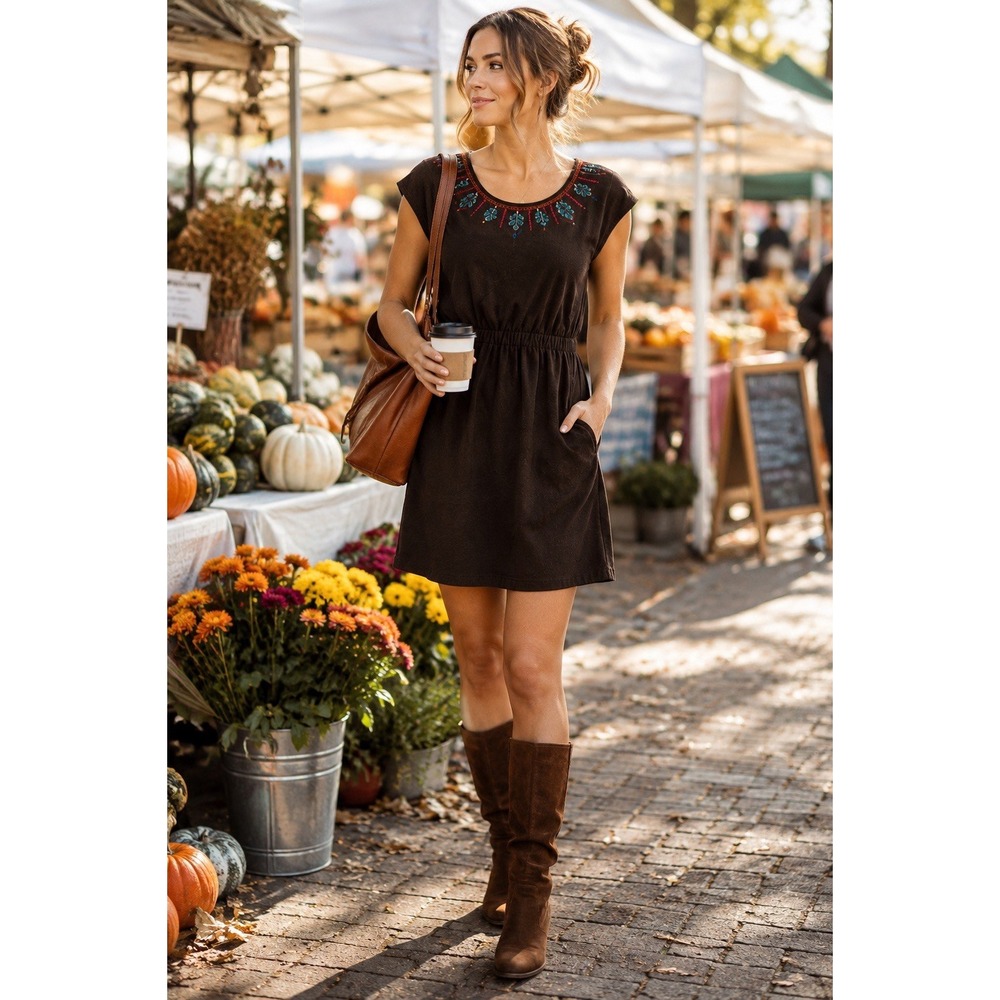 THEME Women's Small Brown Wool Blend Embroidered Boho Dress Lined Fall